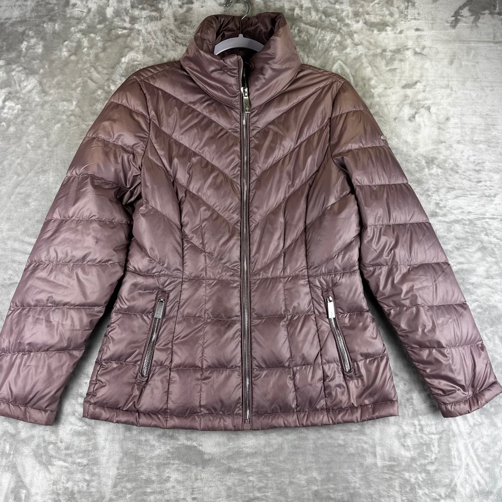 Kenneth Cole Puffer Jacket Women Medium Mauve Down Fill Chevron‎ Quilted (1541)